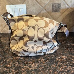 Coach Brown and Cream Shoulder Bag with Signature Design